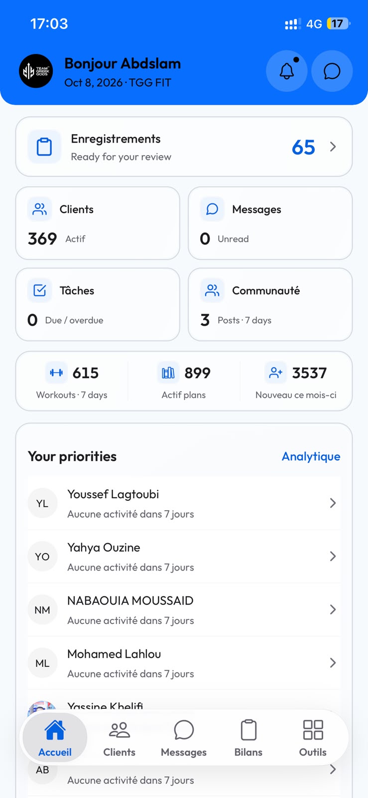 FitnScale mobile app: Coach dashboard overview